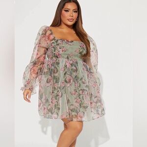 Fashion Nova Floral Long Sleeve Dress - Pink and Green